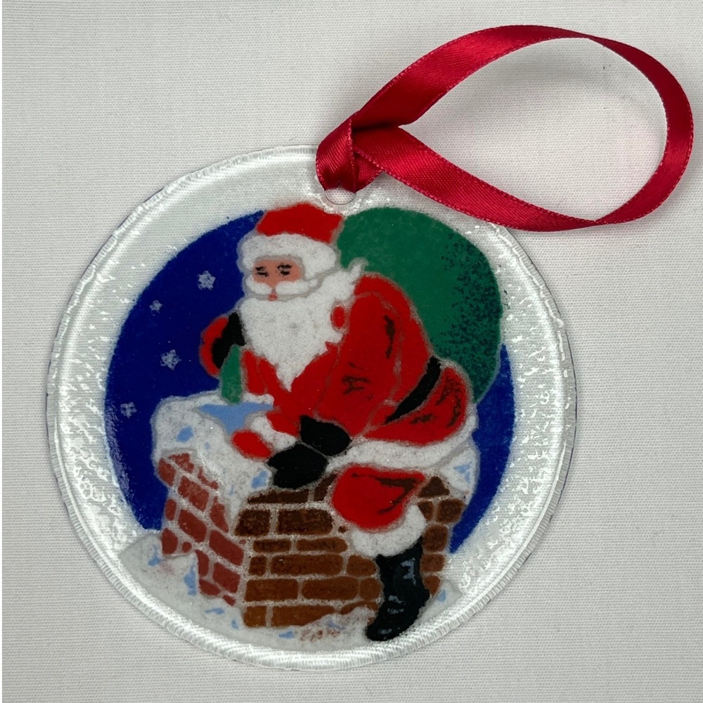 Peggy Karr Glass Rooftop Santa Ornament Fused Glass Signed Made in USA